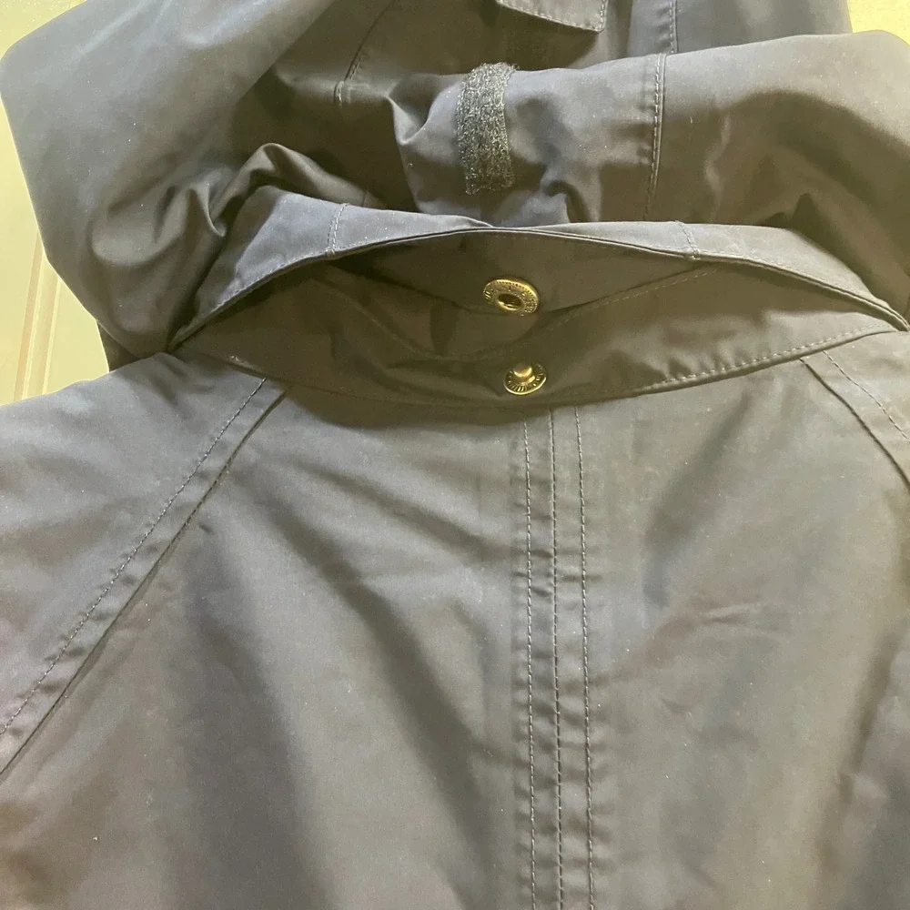 LL Bean Womens Small Regular Navy Blue Long Hooded Rain Coat Plaid Flannel Lined - Picture 12 of 14